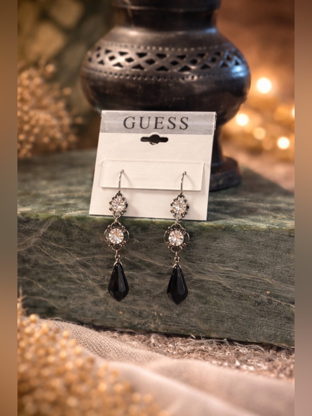 NWT GUESS Black Crystal Drop Earrings • Gunmetal Rhinestone Dangle • Y2K Glam